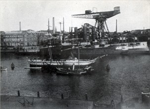 German warships under construction in the Imperial naval dockyards at Kiel, early 20th century