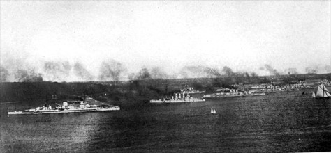 Imperial German fleet under steam in the Bay of Kiel