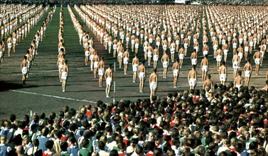 Nazi athletes parade at Nuremburg circa 1936