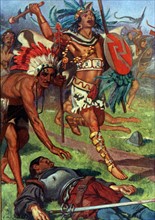Aztec warriors attack the fleeing Spaniards