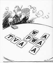 use in Alphabet agencies as a cartoon parody of FDR's New Deal using alphabet cards of the sort used to teach children to read