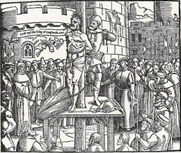 William Tyndale, being burnt at the stake in Belgium, cries "Lord, open the king of England's eyes