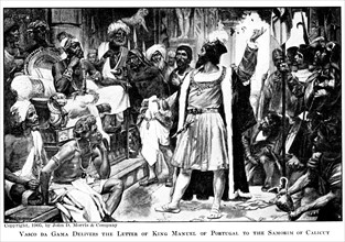 Vasco da Gama delivers the letter of King Manuel of Portugal to the Samorim of Calicut
