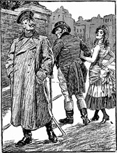A cartoon apparently expressing a rather sour German point of view on the British-French "Entente Cordiale" of 1904 -- John Bull walks off with the trollop France