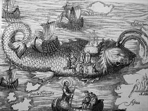 St Brendan and the whale from a 16th century engraving