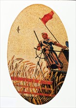 Women harvesting wheat on a combine harvester