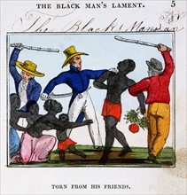 Slave traders tearing man from his wife and family before putting him on board a slave ship