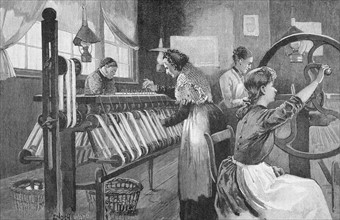 Spitalfields silk workers winding and reeling silk