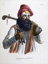 Mendicant musician carrying a stringed instrument similar to a lute