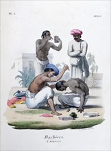 Indian barbers: In the foreground a Sepoy is being shaved
