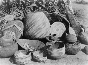 Group Karok baskets some with decoratvie woven patterns and some with lids