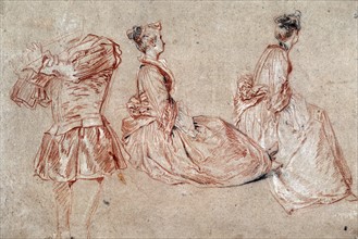 A Flautist and Two  Women' Study in red chalk