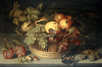 Basket of Fruits and Red Admiral Butterfly on a Stone Table'