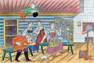 Russian domestic interior with woman spinning and man playing a balalaika