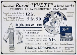 Advertisement for the Yvett pocket razor and a strop for sharpening razors