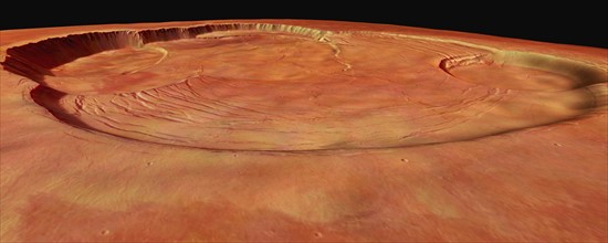 Mars Express Image: Olympus Mons caldera in perspective  Source: European Space Agency Posted Wednesday, August 11, 2004This perspective view, taken by the High Resolution Stereo Camera