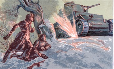 Postcard from Russia showing anti-tank operations against the advancing German army circa 1942