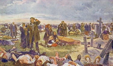 Postcard from Russia showing mass burial of civilians after a German attack circa 1942