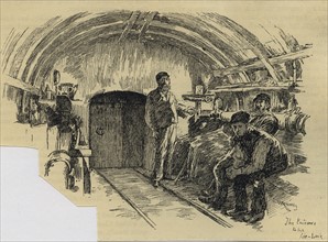 Labourers waiting at airlock to start a 7-hour shift tunnelling under London, 1890.
