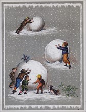 Children making a giant snowball. Illustration c1890.