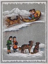 Children and their dogs in snow. Illustration c1890.