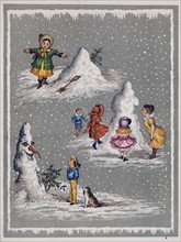 Children mking a snowman. Illustration c1890.