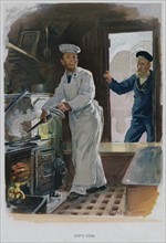 Ship's cook at work in his galley, c1890.