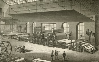 Bartram's method for continuous paper making from tank of pulp at left