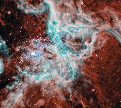 A panoramic view of a vast, sculpted area of gas and dust