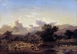 Oil painting, 'Landscape with Drove of Cows' by Carlos de Haes.