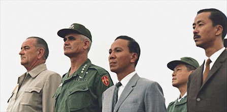 Left to right (front row) President Lyndon Johnson USA, General Westmorland (US commander in Vietnam), General Thieu Air Vice Marshall Ky of South Vietnam. 1967 or 1968