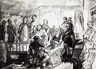 Drawing of the death bed scene of President Abraham Lincoln.