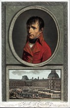 Napoleon Bonaparte abvove scene depicting troop review 1810.