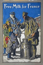 Poster showing a soldier ladling out milk for children.