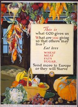 1918 American Poster showing a bounty of fall fruits and vegetables.