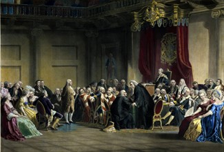 Benjamin Franklin standing before the Lords in Council