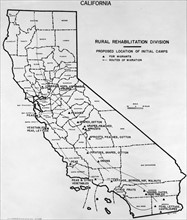 Map of California showing proposed rural rehabilitation camps