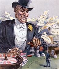 What show have you got, little man? 1908. Illustration shows a man wearing top hat and tuxedo labelled Stock Manipulation,
