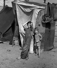 Two children of a migrant fruit worker from Tennessee in a field near the packinghouse at Winter Haven, Florida 19370101