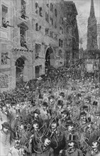 A political procession passing down Wall Street, 1888