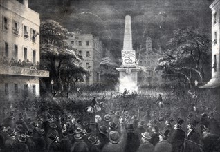Illustration depicts a public meeting in Johnson Square, Savanah