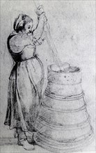 17th Century illustration of a woman churning butter