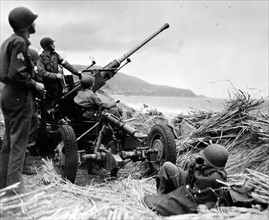 Anti-aircraft Bofors gun in at position on a mound overlooking the beach in Algeria, during the Second World War