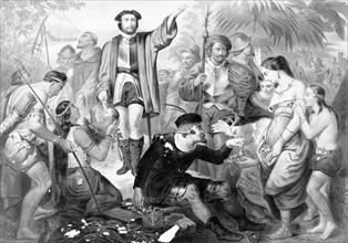 Illustration depicting Christopher Columbus among Indians