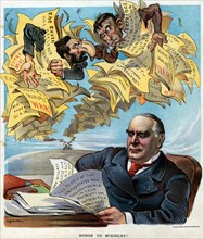 Chromolithograph print depicting Joseph Pulitzer and a monkey as editors of Yellow journalism newspapers