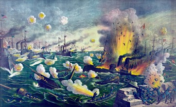 Illustration depicting a naval battle off Cative (Manila Bay)