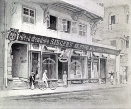 Illustration of the Singer Sewing Machine Office in Bombay, India.