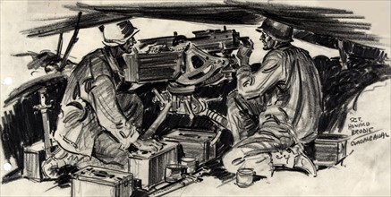 Graphite drawing depicting two privates operating a machine gun during the Battle of Guadalcanal