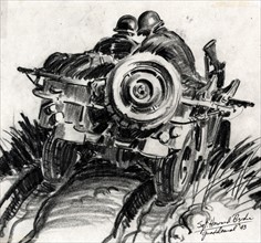 Graphite drawing depicting two privates operating a machine gun during the Battle of Guadalcanal