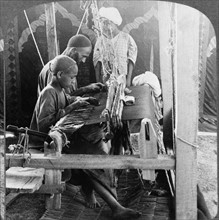 Photographic print of shawl weavers in India